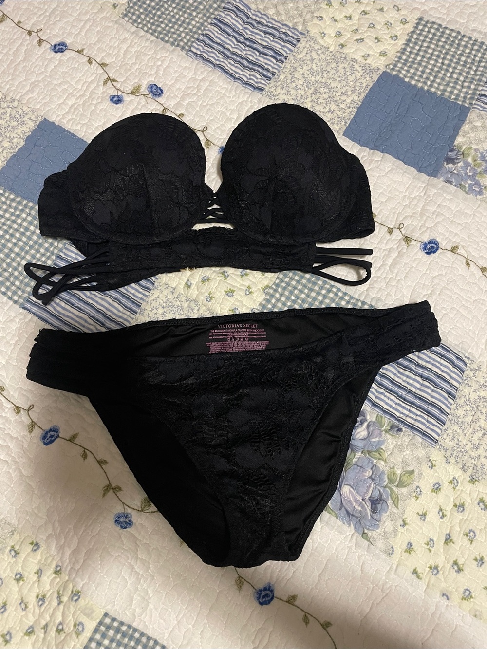 Victoria's Secret Black Lace Strappy Push-Up Bra & Bikini Set